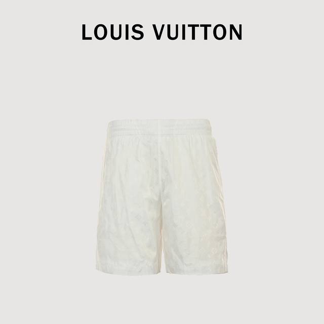 Louis Vuitton 路易威登 经典满印暗纹老花沙滩短裤 白色 最高版本 高密丝绸提花面料，百分百复刻。裤身采用立体剪裁缝纫工艺，内衬全锦网眼，后幅标志性
