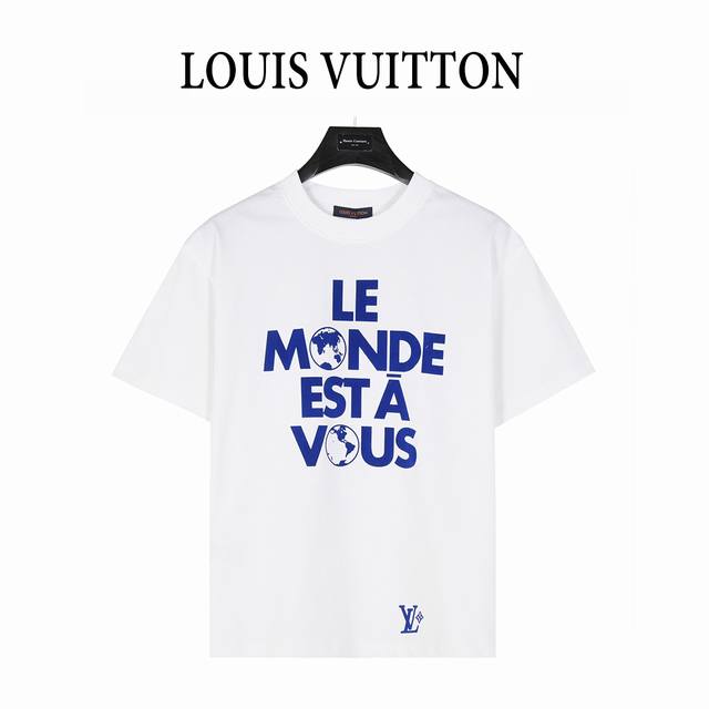 Louis Vuitton 路易威登 25Ss 蓝色植绒标语印花短袖T恤 原7,400购入，采用15S平织优质棉克重230G ，搭配32S双纱1*1拉架螺纹，