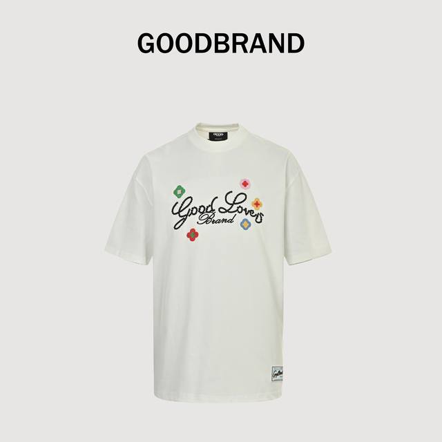 Goodbrand 立体小花刺绣标语轻奢时尚高级感短袖T恤 男女同款 350克重面料 颜色：黑色 白色 尺码：S M L Xl