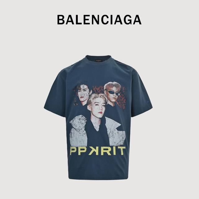 Balenciaga巴黎世家Blcg 联名Ppkritt明星人像短袖T恤 定织定染32支双纱 克全棉精梳汗布，多次调色完美还原原版一致非常高级的深蓝、宝蓝色，对