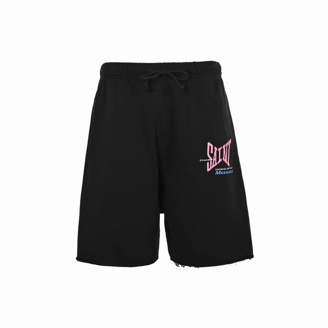 Saint Michael 25Ss Ribon Saint印花短裤 面料采用380G100%纯棉 面36织底8织内里毛圈面料 印花均为全自动椭圆机机印胶浆作业