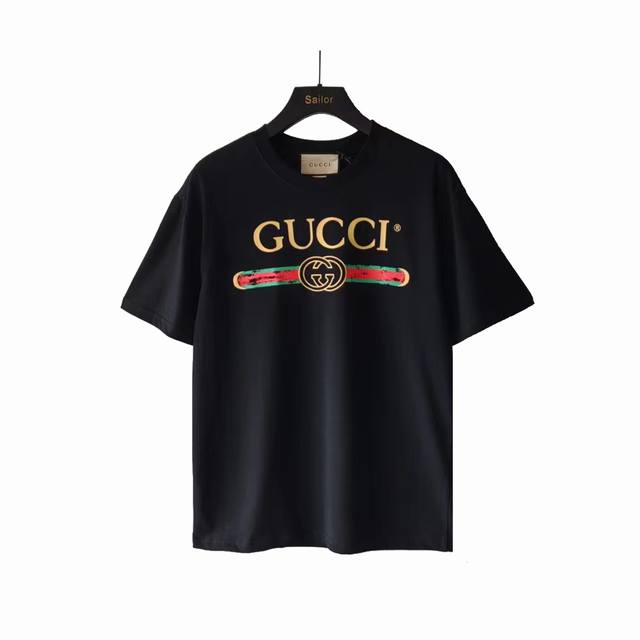 实拍细节图+尺码表 Gucci 古驰 做旧腰带Logo圆领短袖T桖 Logo标识精致升级，灵感源自八十年代复古 原版面料 官方同款 短袖T恤 定制240克同缸染