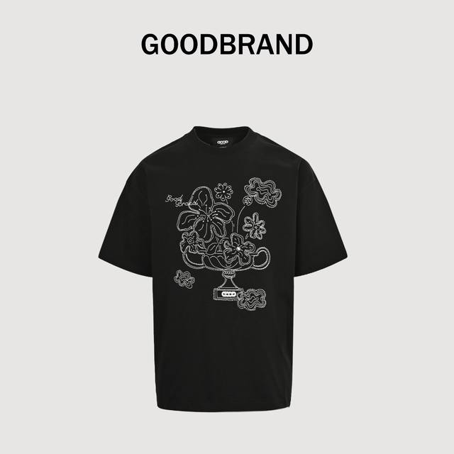 Goodbrand 绽放之花手绘和平花卉休闲短袖T恤 男女同款 350克面料 颜色：黑色 米灰 尺码：S M L Xl