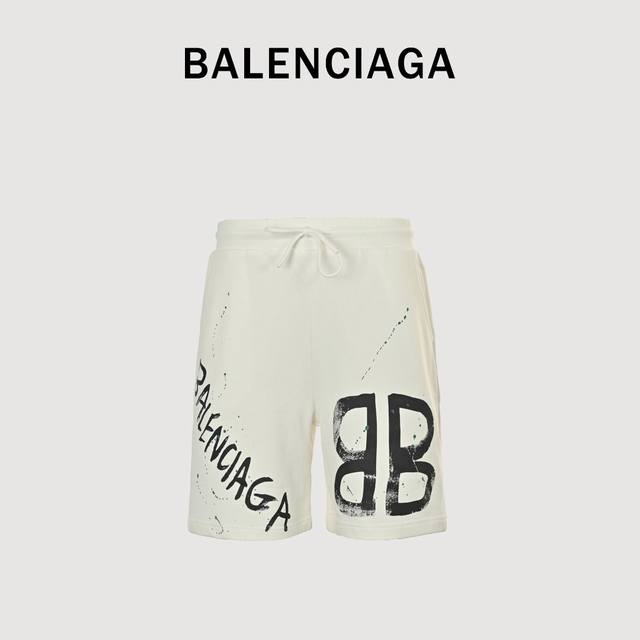 Balenciaga 巴黎世家 25Ss 双B字母印花短裤 面料采用380G纯棉毛圈面料，订染颜色后整蚀毛处理，对照原版做丝滑超柔处理，布面肌理股线清晰明显，垂
