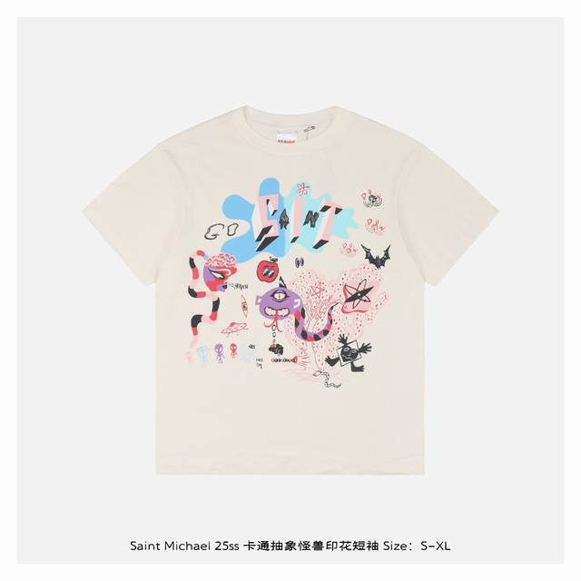 Saint Michael 25Ss 卡通抽象怪兽印花短袖 整体面料选用 克100%纯棉16织双纱汗布面料，圆筒无侧缝面料，螺纹选用300G100%纯棉1*1弹