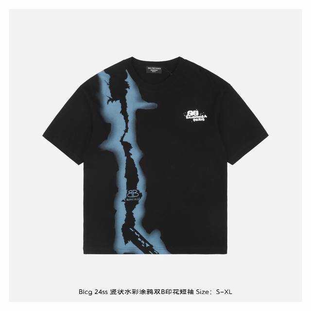 Balenciaga 巴黎世家 24Ss 竖状水彩涂鸦双B印花短袖 面料采用230克重精梳棉，定制32支1*1螺纹，成衣两遍水洗处理，面料舒适亲肤无异感，定制定
