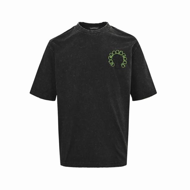 Chrome Hearts 克罗心 梵文马蹄十字架贴布水洗短袖 重工款式 秀场私人订制系列 整衣做旧激光烧花定制300克双纱面料 美式酸洗做旧原身布激光烧花加贴