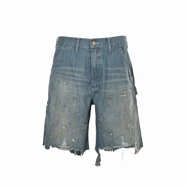 Saint Michael 25Ss 泼墨毛边伐木牛仔短裤 选用430克100%纯棉15盎司赛络纺牛仔布面料 整条裤子的工艺比起过往的裤子工艺成本更高 整体水洗