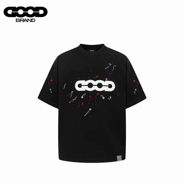 Goodbrand25Ss彩虹糖果绣珠短袖T恤 采用订色订染毛圈纯棉衣面，250G双股双纱，手感舒适 进口针织针梳棉进行制作，搭配320G1*1螺纹，同缸无色差