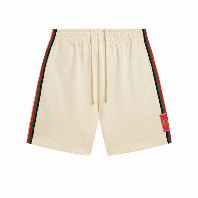 古驰 Gucci 侧边字母Logo织带红绿条纹绣毛圈五分短裤 专柜定制纯棉面料 超级质感柔软透气 时尚男女同款休闲短裤 Color: 黑色 杏色 Size:S