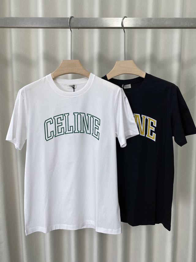 Celine 25春夏新品品牌字母Logo印花设计短袖T恤，定制80支双股丝光棉面料；黑色 白色 S～Xxxl
