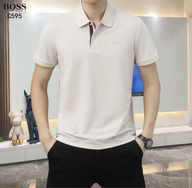 Boss-25Ss新款春夏短袖翻领T恤Polo，最高版本客供定制高端亚麻桑蚕丝莫代尔珠地面料简单时尚款，拼色螺纹超级好看！胸前芬迪字母刺绣经典Logo简单大方的