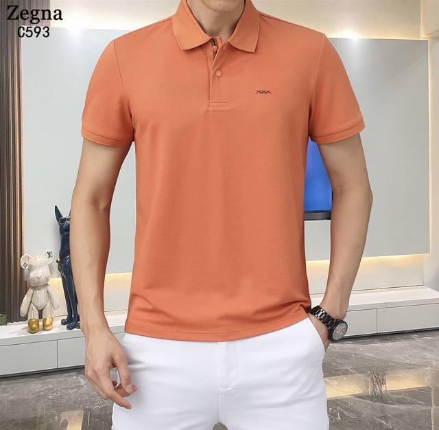 杰尼亚-25Ss新款春夏短袖翻领T恤Polo，最高版本客供定制高端亚麻桑蚕丝莫代尔珠地面料简单时尚款，拼色螺纹超级好看！胸前芬迪字母刺绣经典Logo简单大方的款