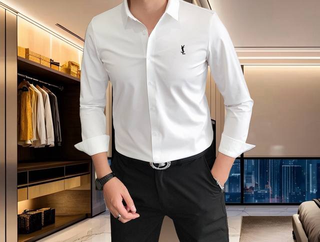 Ysl 圣罗兰 2025春季男士时尚商务休闲长袖衬衫，香港洋行渠道货，重磅高端臻品，一款高奢品鉴白金级单品，品相纯正！ 25Ss春季颜值度颇高的一款衬衫，整体的