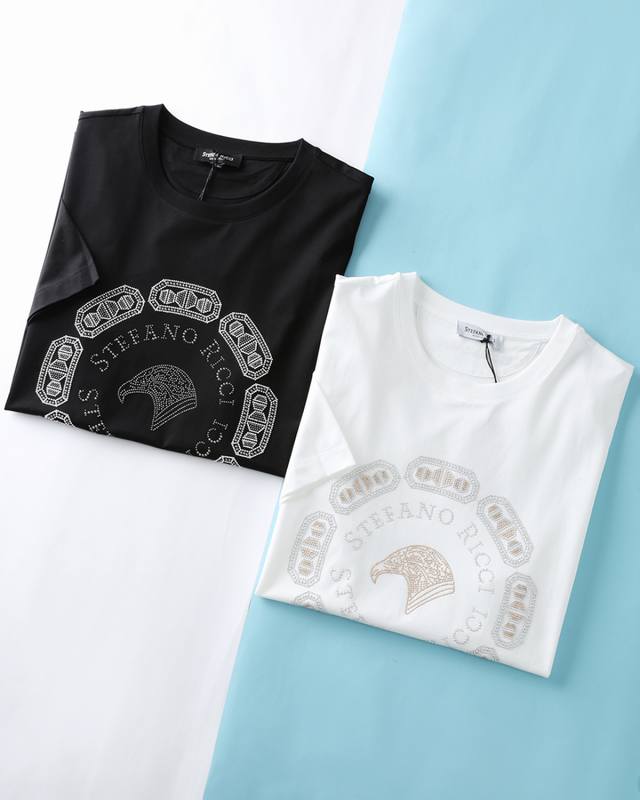 Stefano Ricci 史蒂芬 25Ss夏季新款高支双丝光棉圆领短Tee，男士胸前鹰头烫钉装饰时尚休闲短袖T恤衫！贸易公司渠道稀出，同步Gw发售！官方名列前