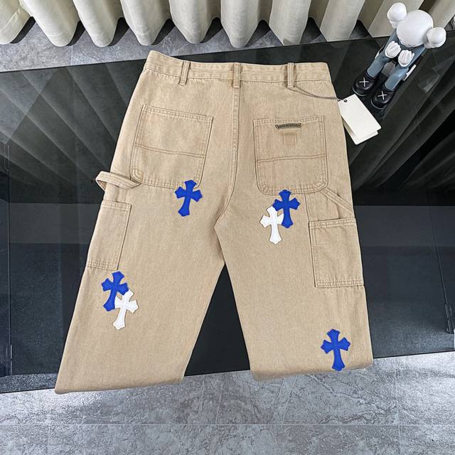 Ch克罗心Chromehearts 限定款蓝白十字贴皮工装牛仔裤牛仔伐木裤 柜价50W级别，贴布十字花点缀，水洗牛仔裤！！ 绝对高端的奢华产物，1.9W级别的神