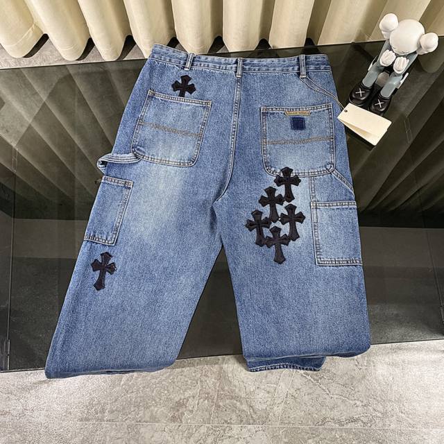 Ch克罗心Chromehearts 限定款工装牛仔裤牛仔伐木裤 柜价50W级别，贴布十字花点缀，水洗牛仔裤！！ 绝对高端的奢华产物，1.9W级别的神级单品超火的