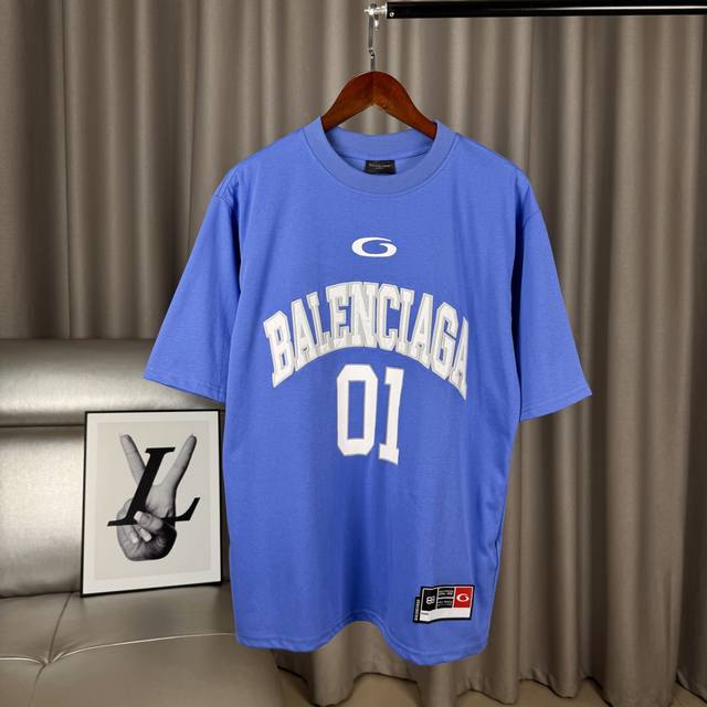 海军蓝 独家臻品 巴黎世家Basketball系列刺绣字母印花圆领短袖01球衣T恤 -全套1:1定制辅料定制三标Yuan版吊牌Logo包装袋 -面料采用280G