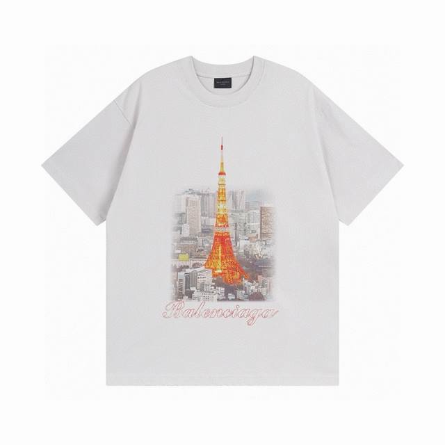 Balenciaga 巴黎世家2025 Ss 日本东京铁塔限定款前后片直喷印花磨烂水洗做旧 短袖T恤 本市场No.1的质量 真正天花板品质 全部原版开发注意细节