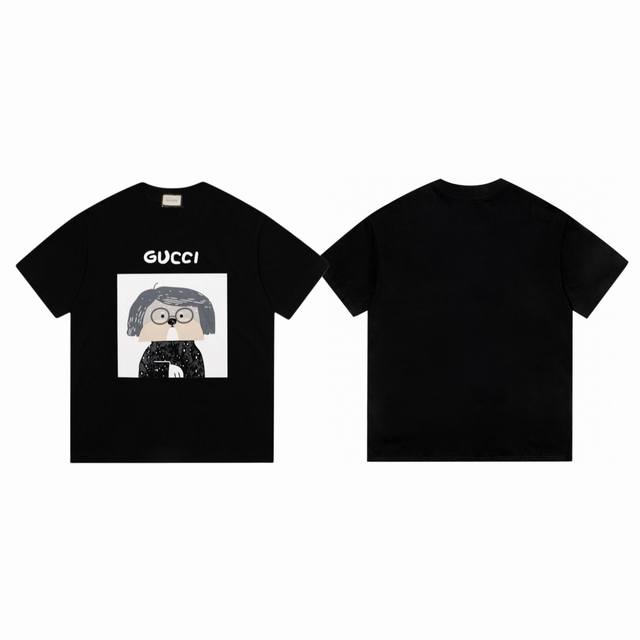 Gucci 古驰 25Ss 插画系列眼镜小狗印花情侣圆领短袖T恤-顶级原单版本 Color：黑色 Size：S M L Xl Number：250323 选用客