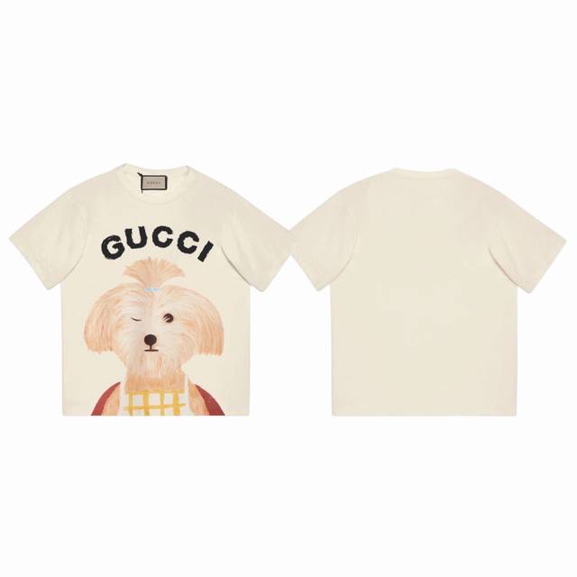 Gucci 古驰 25Ss 插画系列小辫小狗印花情侣圆领短袖T恤-顶级原单版本 Color：杏色 Size：S M L Xl Number：250309 选用客