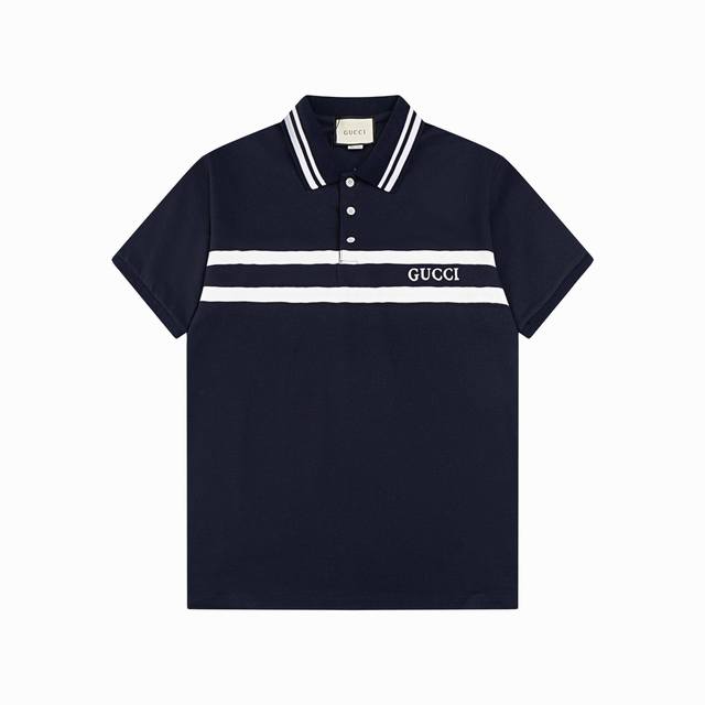 Gucci 古驰 25Ss新款 横间Logo 条纹领 Polo 230克重全棉珠地 颜色：宝兰 码数：S L Xl