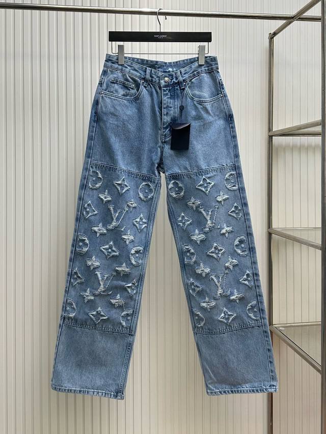 Lv路易24Fw老花激光定位Logo磨破牛仔直筒裤 Size：30 32 34 36