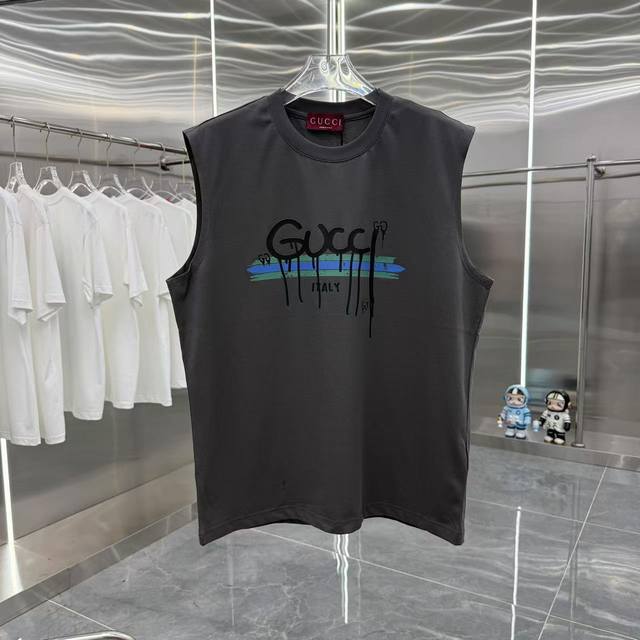 Gucci 2025夏季新款 260克 无袖背心 个性印花 男女同款宽松版 S M L Xl Xxl 五个码 黑色 白色 灰色