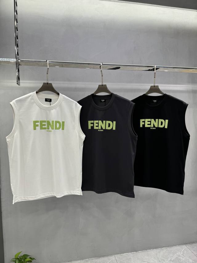 Fend*I芬-迪2025S春夏最新爆款背心推荐！男女同款～胸口简单印花字母设计！撞色荧光绿F视觉冲击力.这款强烈推荐！人见人爱夏季百搭背心.无论是搭配短裤～长