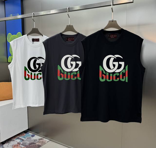 Gucc*潮牌25S新款冰棉背心男女同款～潮人必备！胸前定制品牌图形烫画工艺.色彩层次有细节.减龄搭配.色彩搭配时尚好看.整体效果年轻有活力！定制冰爽240G冰