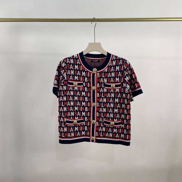 Balmain巴尔曼新款满身字母Logo提花深蓝色棉质混纺短袖开衫上衣Sml现货发
