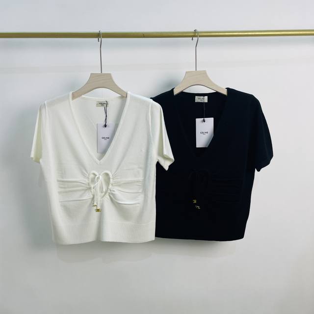 Celine新款小清新V领爱心抽绳绑带显瘦百搭洋气针织毛衣3色3码Sml现货发