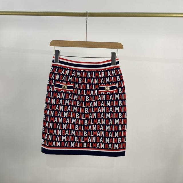 Balmain巴尔曼新款满身字母Logo提花深蓝色棉质混纺包臀裙Sml现货发