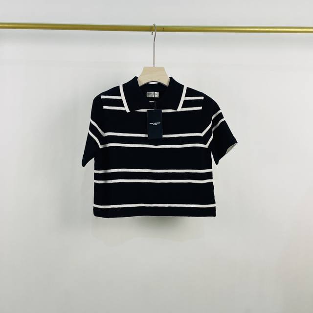 Ysl圣罗兰刺绣Logo条纹Polo领短款针织上衣Sml现货供应