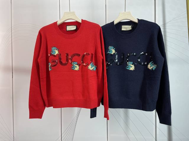 Gucci&古驰新款恐龙图案重工钉珠刺绣字母羊毛针织衫Sml现货发