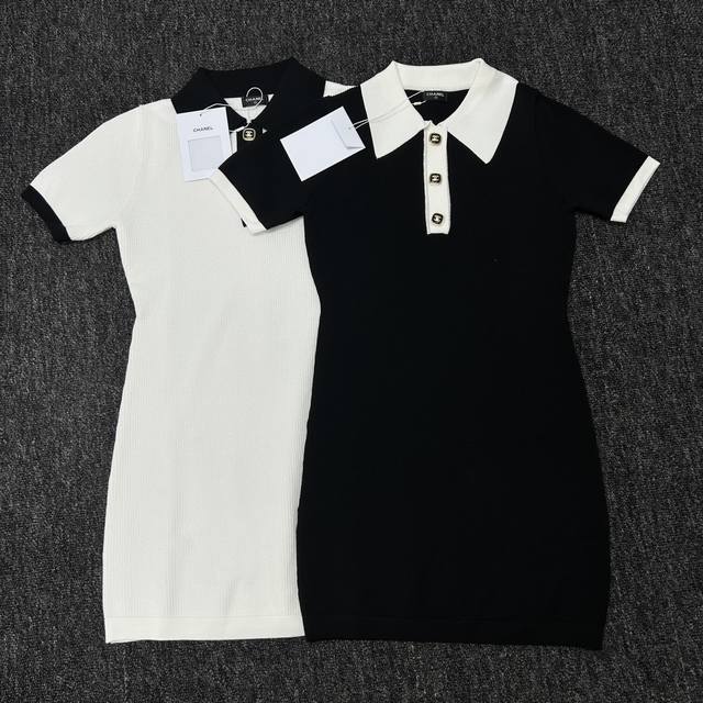 Chanel＆香奈儿新款气质小香风黑白撞色Polo领收腰针织短袖连衣裙2色三码Sml现货供应