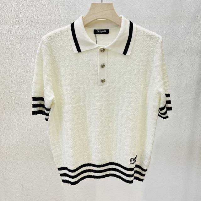 Balmain巴尔曼新款女士翻领压花皮标休闲短袖Polo衫Sml现货供应