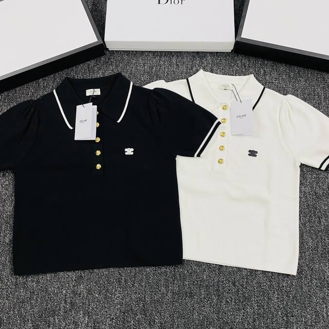 Celine新款黑白拼色Polo领短袖针织衫Sml现货供应