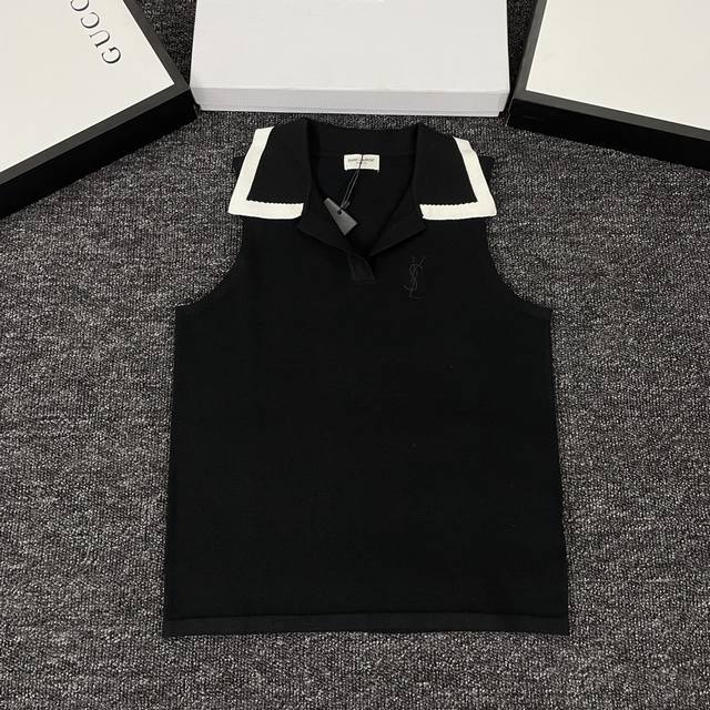 Ysl&圣罗兰新款刺绣字母翻领无袖针织背心Sml现货供应