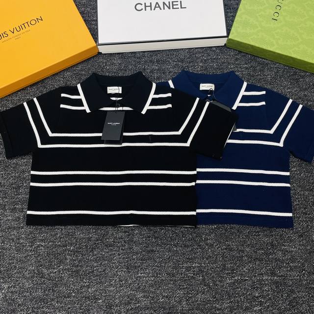 Ysl圣罗兰刺绣Logo条纹Polo领短款针织上衣2色三码Sml现货供应