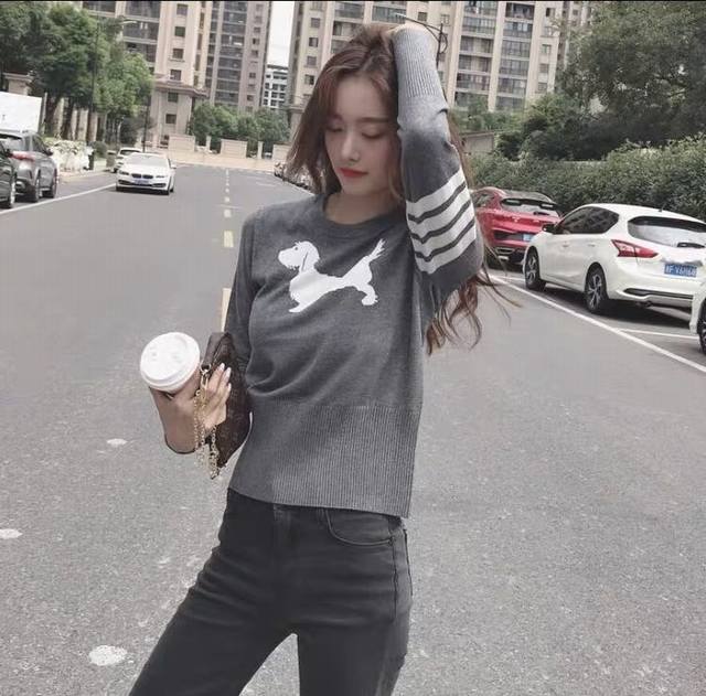 促销价 Tb小狗提花套头毛衣， 专柜同步， 上身效果超赞，经典四条杠，精致小狗图案提花！ 面料：羊绒混纺， 两色Sml 工厂P直供，可承接订单