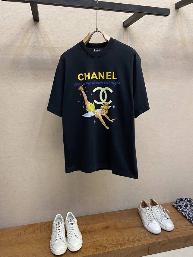 Chanel 小香中古手绘美人鱼印花 袖口品牌字母滴胶短袖T恤 重磅纯棉 成衣酵洗低调奢华 尺码：S-Xl