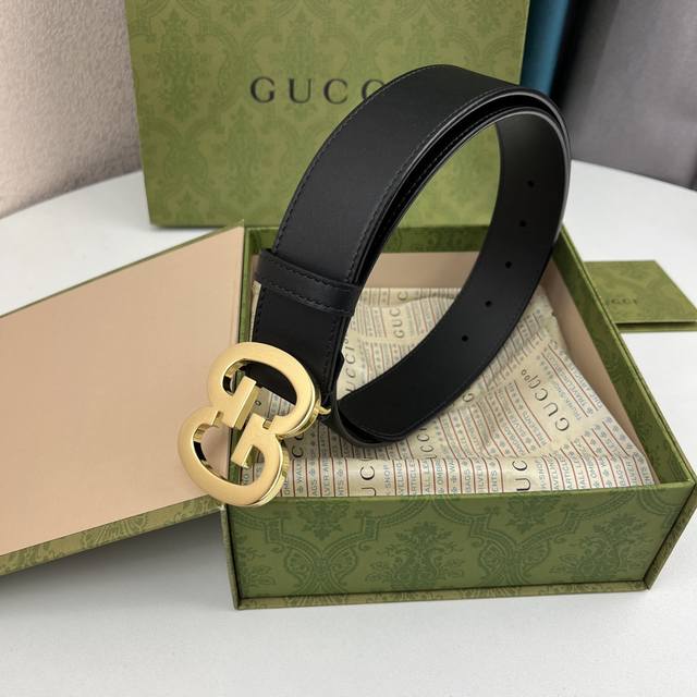 G U C C I 原单品质 经典款男女通用腰带 4.0宽 双面原厂小牛皮 精致双Gg搭扣