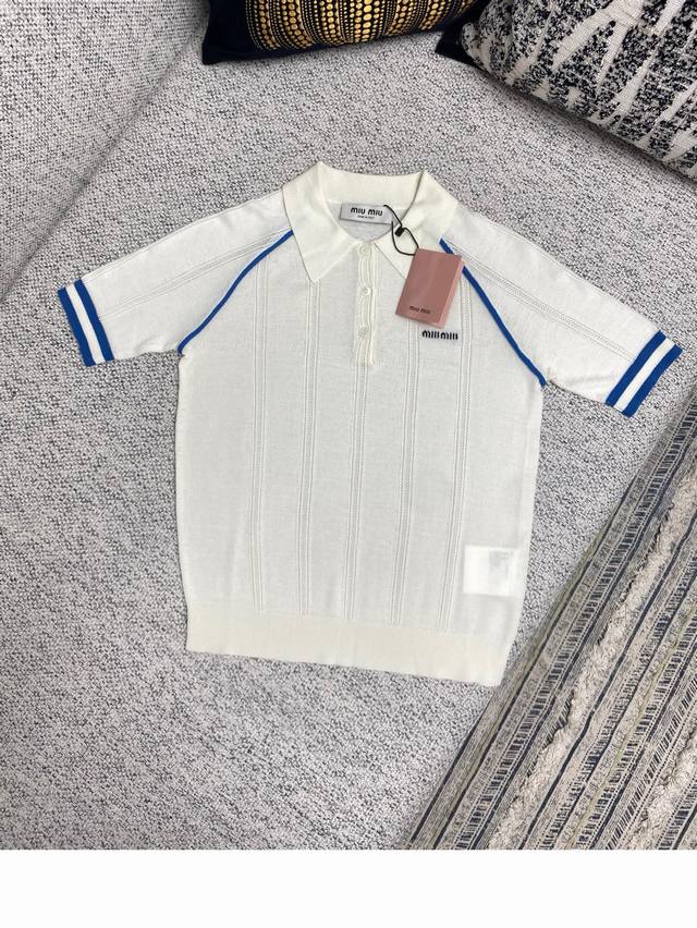 Miu Miu 25Ss新款棉线针织Logo印花Polo衫 女款 自然色 S.M.L.