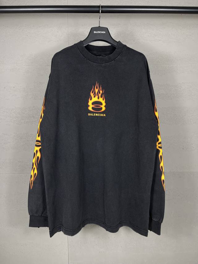 实拍图 顶级版本.官网品质 Balenci*Ga 巴黎#. #双环#火焰直喷印花水洗做旧长袖T恤 新款.第一时间正品研制，巨别市场通货。欢印对比！面料采用巴黎Z