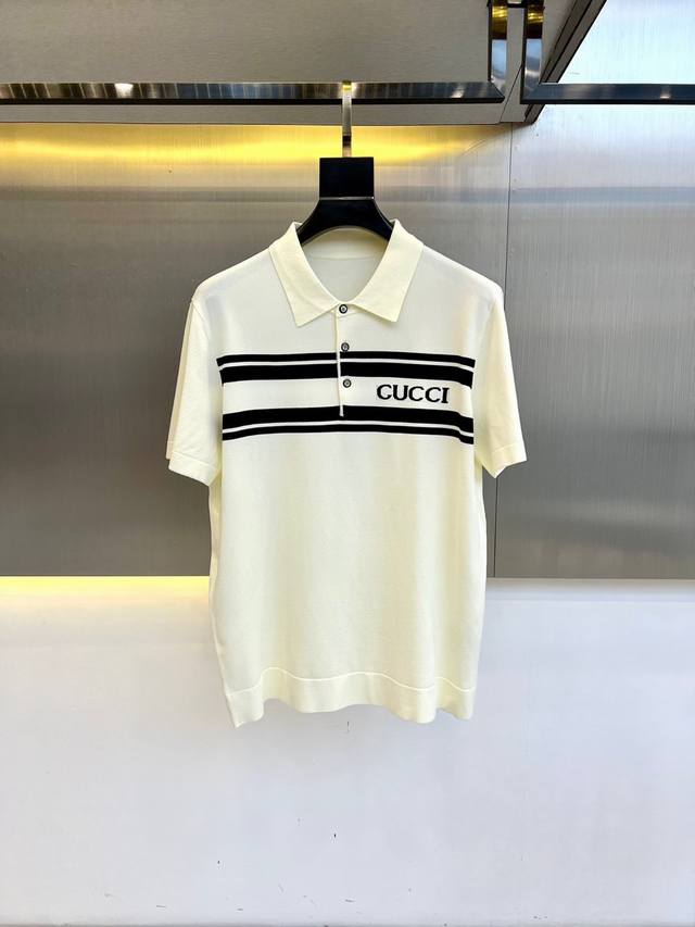 Gucc古驰、25S春夏新款，男士经典条纹嵌花桑蚕丝伊力特针织圆领短袖T恤衫！选用客供进口粘纤