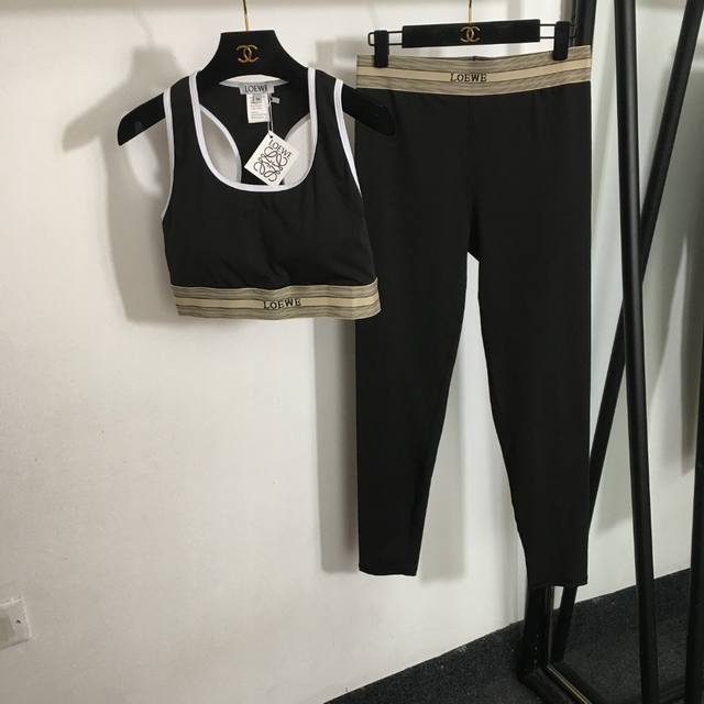 款号 3046 Loew*新款瑜伽运动套装，织带收腰工字健美背心+弹力紧身打底裤，黑色，S-Xl， M码；胸围76，长35；腰围72弹力，长94