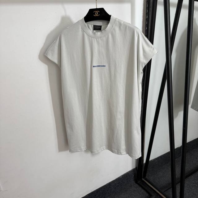 款号20253706 Baleniag*新款 胸前后背Logo刺绣 手工磨破落肩短袖T恤，灰色，1 2 3， 2码；胸围118，衣长74