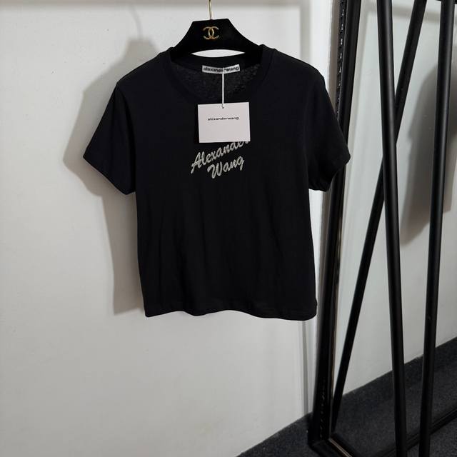 款号20253697 Alexander*大王家新款 烫钻字母印花修身短袖T恤，黑色，Sml， M码；肩宽38，胸围94，袖长16，长54