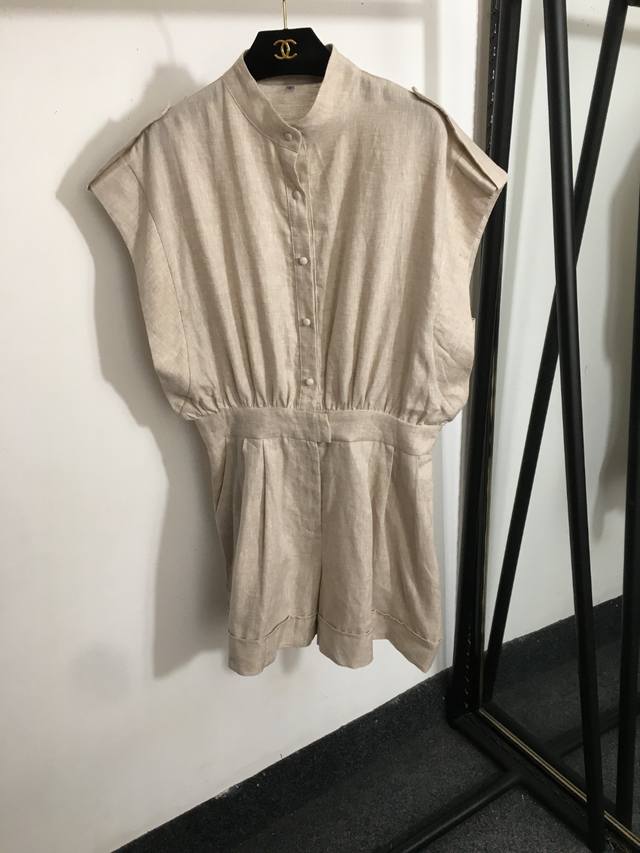 款号20252898 Brunello Cucinell* Bc新款 小众设计亚麻坎肩背心连体裤，米白色，蓝色，杏色，Sml， M码；胸围104，长88